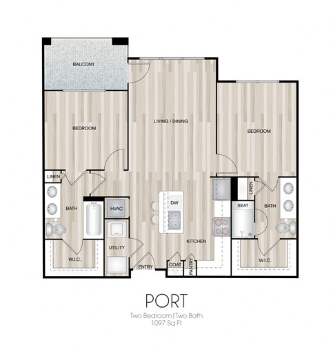 Floor plan for 2 beds, 2 baths, 1097 sqft
